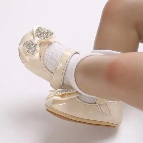 Clowora Infant Toddler Baby Girl Dress Shoes Mary Jane First Walking PU Leather Princess Wedding Rubber Sole Non-Slip with Bowknot Floral Flats - 6