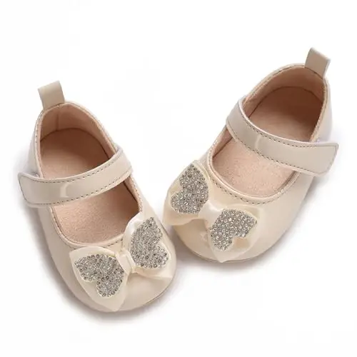 Clowora Infant Toddler Baby Girl Dress Shoes Mary Jane First Walking PU Leather Princess Wedding Rubber Sole Non-Slip with Bowknot Floral Flats - 1
