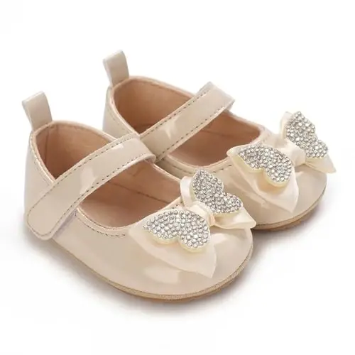 Clowora Infant Toddler Baby Girl Dress Shoes Mary Jane First Walking PU Leather Princess Wedding Rubber Sole Non-Slip with Bowknot Floral Flats - 2