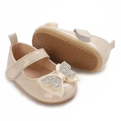 Clowora Infant Toddler Baby Girl Dress Shoes Mary Jane First Walking PU Leather Princess Wedding Rubber Sole Non-Slip with Bowknot Floral Flats - 3