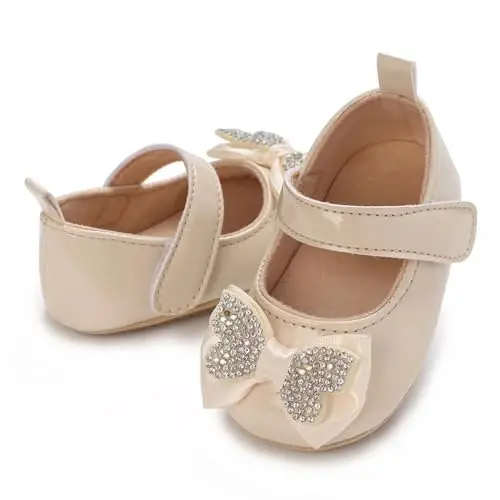 Clowora Infant Toddler Baby Girl Dress Shoes Mary Jane First Walking PU Leather Princess Wedding Rubber Sole Non-Slip with Bowknot Floral Flats - 4
