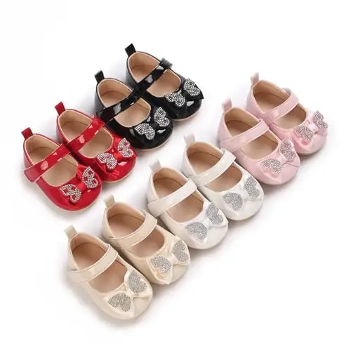 Clowora Infant Toddler Baby Girl Dress Shoes Mary Jane First Walking PU Leather Princess Wedding Rubber Sole Non-Slip with Bowknot Floral Flats - 5