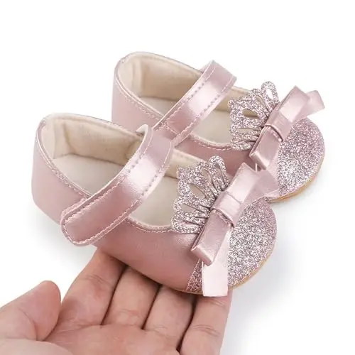 Clowora Infant Toddler Baby Girl Dress Shoes Mary Jane First Walking PU Leather Princess Wedding Rubber Sole Non-Slip with Bowknot Floral Flats - 2