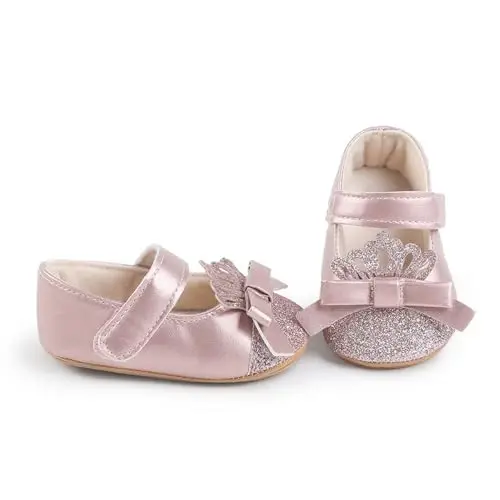 Clowora Infant Toddler Baby Girl Dress Shoes Mary Jane First Walking PU Leather Princess Wedding Rubber Sole Non-Slip with Bowknot Floral Flats - 5