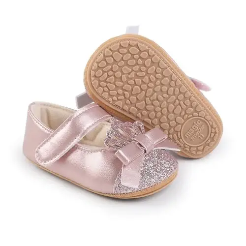 Clowora Infant Toddler Baby Girl Dress Shoes Mary Jane First Walking PU Leather Princess Wedding Rubber Sole Non-Slip with Bowknot Floral Flats - 1