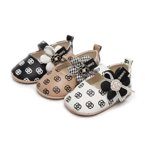Clowora Infant Toddler Baby Girl Dress Shoes Mary Jane First Walking PU Leather Princess Wedding Rubber Sole Non-Slip with Bowknot Floral Flats - 4