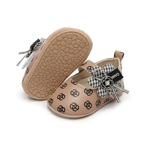 Clowora Infant Toddler Baby Girl Dress Shoes Mary Jane First Walking PU Leather Princess Wedding Rubber Sole Non-Slip with Bowknot Floral Flats - CLOWORA