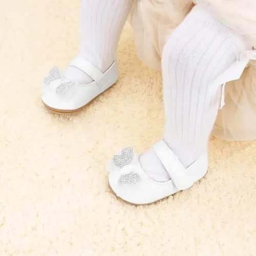 Clowora Infant Toddler Baby Girl Dress Shoes Mary Jane First Walking PU Leather Princess Wedding Rubber Sole Non-Slip with Bowknot Floral Flats - 5