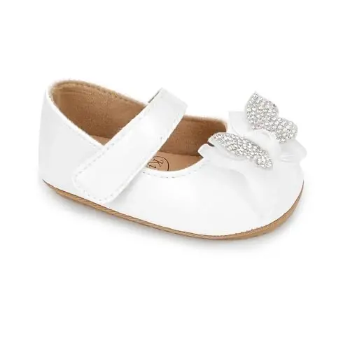Clowora Infant Toddler Baby Girl Dress Shoes Mary Jane First Walking PU Leather Princess Wedding Rubber Sole Non-Slip with Bowknot Floral Flats - 7