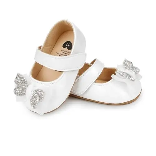 Clowora Infant Toddler Baby Girl Dress Shoes Mary Jane First Walking PU Leather Princess Wedding Rubber Sole Non-Slip with Bowknot Floral Flats - 2