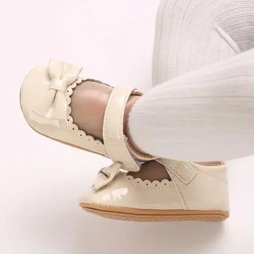 Clowora Infant Toddler Baby Girl Dress Shoes Mary Jane First Walking PU Leather Princess Wedding Rubber Sole Non-Slip with Bowknot Floral Flats - 2