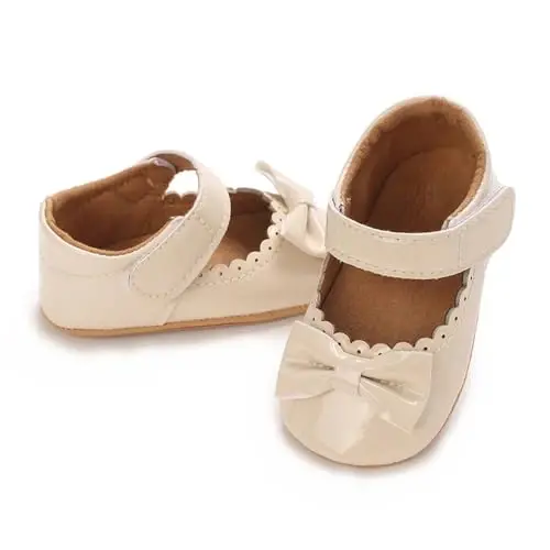 Clowora Infant Toddler Baby Girl Dress Shoes Mary Jane First Walking PU Leather Princess Wedding Rubber Sole Non-Slip with Bowknot Floral Flats - 4