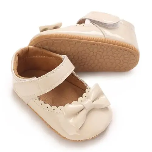 Clowora Infant Toddler Baby Girl Dress Shoes Mary Jane First Walking PU Leather Princess Wedding Rubber Sole Non-Slip with Bowknot Floral Flats - 1