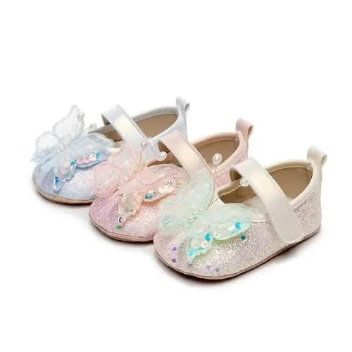 Clowora Infant Toddler Baby Girl Dress Shoes Mary Jane First Walking PU Leather Princess Wedding Rubber Sole Non-Slip with Bowknot Floral Flats - 5