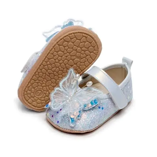 Clowora Infant Toddler Baby Girl Dress Shoes Mary Jane First Walking PU Leather Princess Wedding Rubber Sole Non-Slip with Bowknot Floral Flats - 1