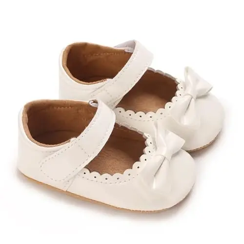 Clowora Infant Toddler Baby Girl Dress Shoes Mary Jane First Walking PU Leather Princess Wedding Rubber Sole Non-Slip with Bowknot Floral Flats - CLOWORA (1)