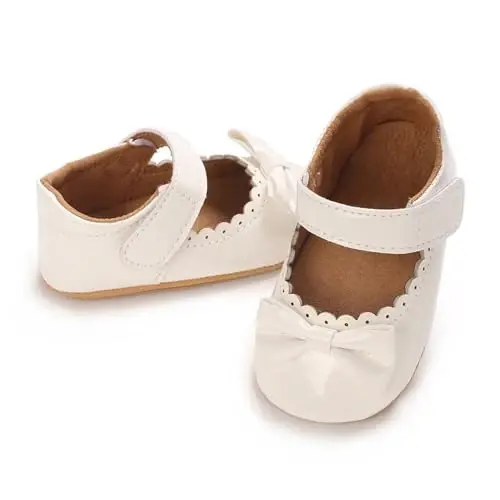 Clowora Infant Toddler Baby Girl Dress Shoes Mary Jane First Walking PU Leather Princess Wedding Rubber Sole Non-Slip with Bowknot Floral Flats - 4