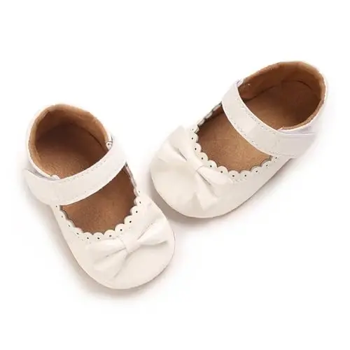 Clowora Infant Toddler Baby Girl Dress Shoes Mary Jane First Walking PU Leather Princess Wedding Rubber Sole Non-Slip with Bowknot Floral Flats - 5