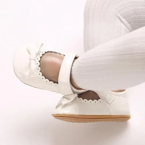Clowora Infant Toddler Baby Girl Dress Shoes Mary Jane First Walking PU Leather Princess Wedding Rubber Sole Non-Slip with Bowknot Floral Flats - 6