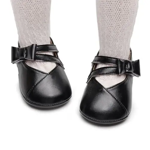 Clowora Infant Toddler Baby Girl Dress Shoes Mary Jane First Walking PU Leather Princess Wedding Rubber Sole Non-Slip with Bowknot Floral Flats - 3