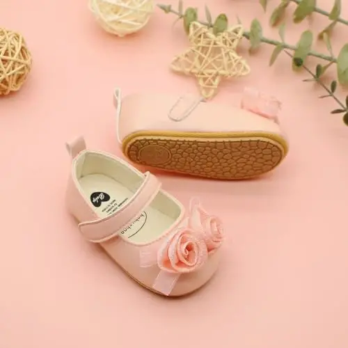 Clowora Infant Toddler Baby Girl Dress Shoes Mary Jane First Walking PU Leather Princess Wedding Rubber Sole Non-Slip with Bowknot Floral Flats - 6