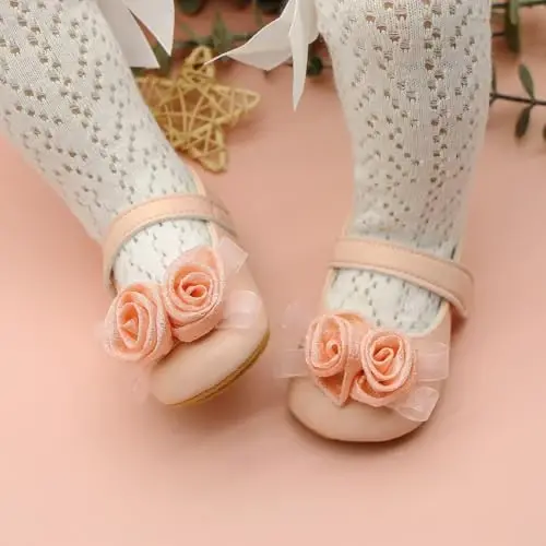 Clowora Infant Toddler Baby Girl Dress Shoes Mary Jane First Walking PU Leather Princess Wedding Rubber Sole Non-Slip with Bowknot Floral Flats - 7