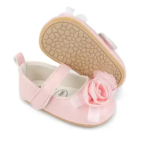 Clowora Infant Toddler Baby Girl Dress Shoes Mary Jane First Walking PU Leather Princess Wedding Rubber Sole Non-Slip with Bowknot Floral Flats 