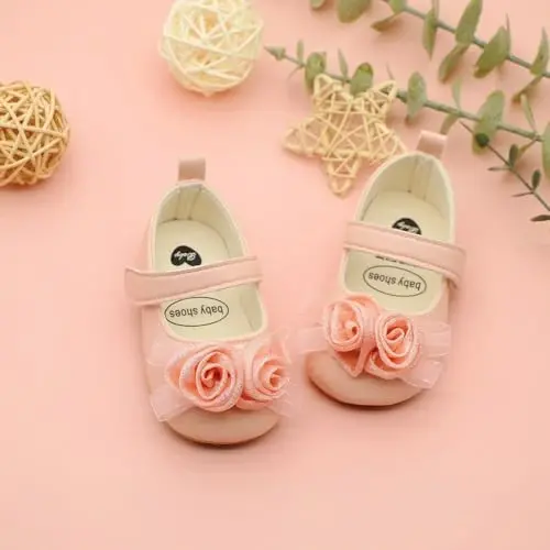 Clowora Infant Toddler Baby Girl Dress Shoes Mary Jane First Walking PU Leather Princess Wedding Rubber Sole Non-Slip with Bowknot Floral Flats - 4