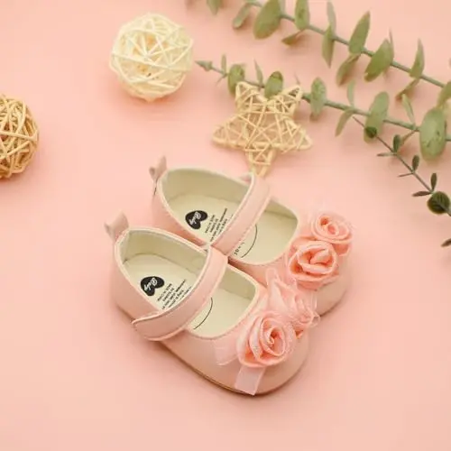 Clowora Infant Toddler Baby Girl Dress Shoes Mary Jane First Walking PU Leather Princess Wedding Rubber Sole Non-Slip with Bowknot Floral Flats - 5