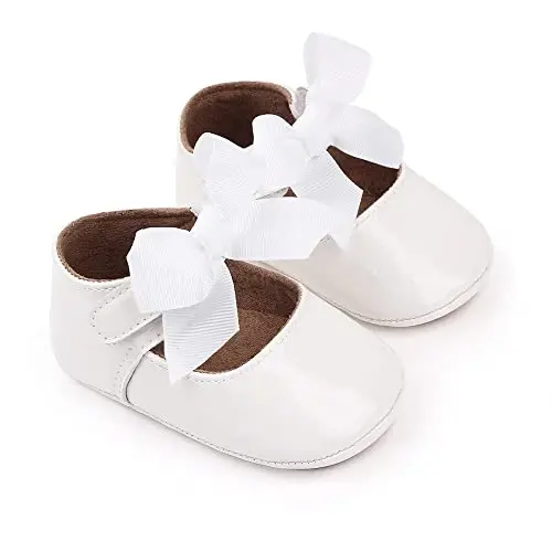 Clowora Infant Toddler Baby Girl Dress Shoes Mary Jane First Walking PU Leather Princess Wedding Rubber Sole Non-Slip with Bowknot Floral Flats - 3