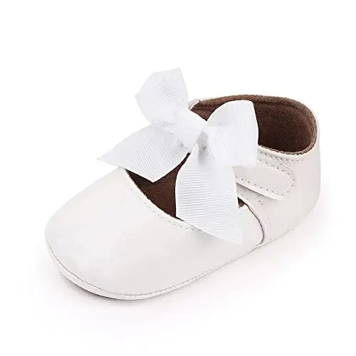 Clowora Infant Toddler Baby Girl Dress Shoes Mary Jane First Walking PU Leather Princess Wedding Rubber Sole Non-Slip with Bowknot Floral Flats - CLOWORA