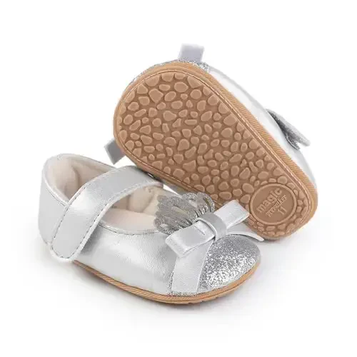 Clowora Infant Toddler Baby Girl Dress Shoes Mary Jane First Walking PU Leather Princess Wedding Rubber Sole Non-Slip with Bowknot Floral Flats - 1