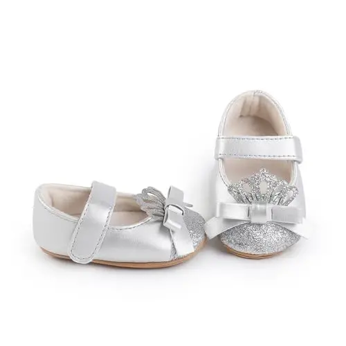 Clowora Infant Toddler Baby Girl Dress Shoes Mary Jane First Walking PU Leather Princess Wedding Rubber Sole Non-Slip with Bowknot Floral Flats - 6