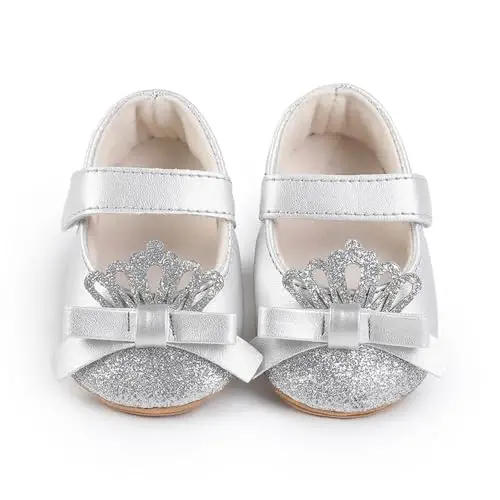 Clowora Infant Toddler Baby Girl Dress Shoes Mary Jane First Walking PU Leather Princess Wedding Rubber Sole Non-Slip with Bowknot Floral Flats - 4