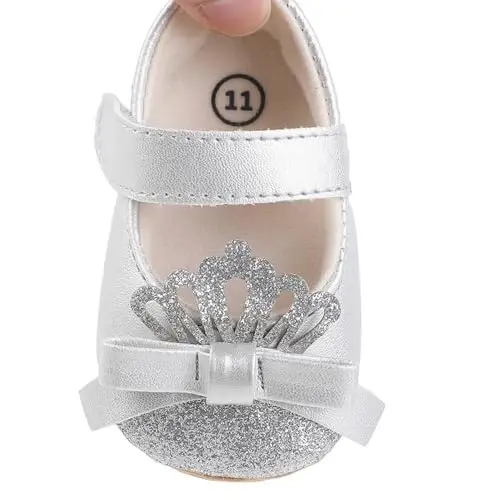Clowora Infant Toddler Baby Girl Dress Shoes Mary Jane First Walking PU Leather Princess Wedding Rubber Sole Non-Slip with Bowknot Floral Flats - 7