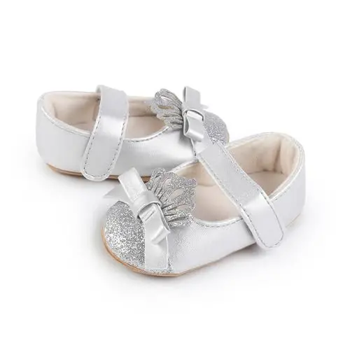 Clowora Infant Toddler Baby Girl Dress Shoes Mary Jane First Walking PU Leather Princess Wedding Rubber Sole Non-Slip with Bowknot Floral Flats - 5