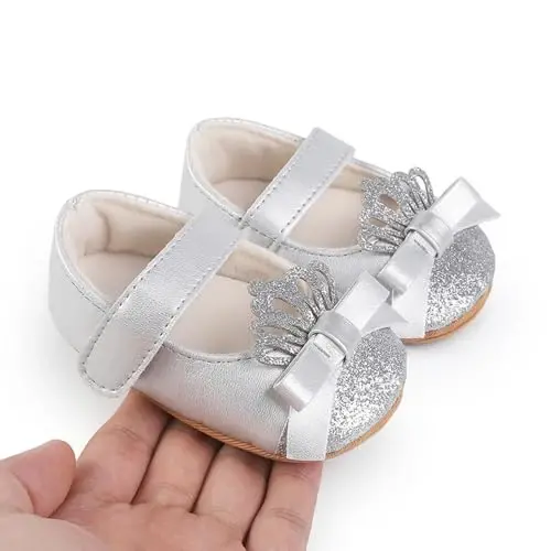 Clowora Infant Toddler Baby Girl Dress Shoes Mary Jane First Walking PU Leather Princess Wedding Rubber Sole Non-Slip with Bowknot Floral Flats - 2