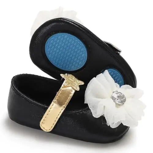 Clowora Infant Toddler Baby Girl Dress Shoes Mary Jane First Walking PU Leather Princess Wedding Rubber Sole Non-Slip with Bowknot Floral Flats - 1