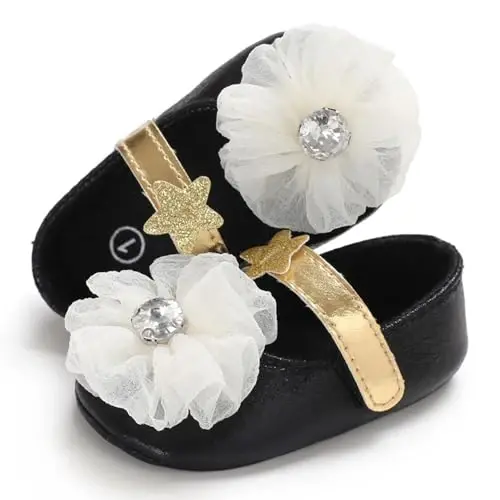 Clowora Infant Toddler Baby Girl Dress Shoes Mary Jane First Walking PU Leather Princess Wedding Rubber Sole Non-Slip with Bowknot Floral Flats - 2