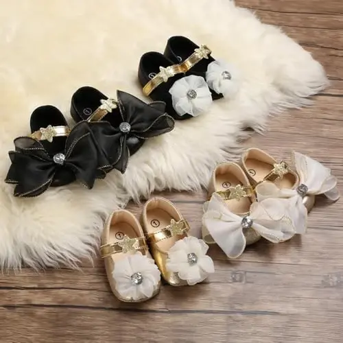 Clowora Infant Toddler Baby Girl Dress Shoes Mary Jane First Walking PU Leather Princess Wedding Rubber Sole Non-Slip with Bowknot Floral Flats - 4