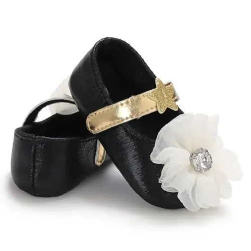 Clowora Infant Toddler Baby Girl Dress Shoes Mary Jane First Walking PU Leather Princess Wedding Rubber Sole Non-Slip with Bowknot Floral Flats - 5
