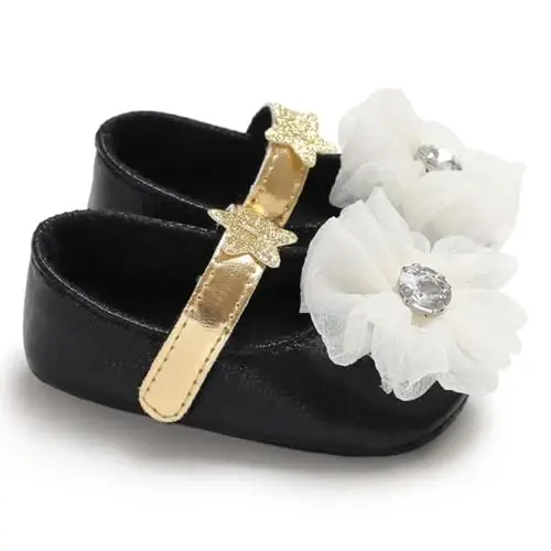 Clowora Infant Toddler Baby Girl Dress Shoes Mary Jane First Walking PU Leather Princess Wedding Rubber Sole Non-Slip with Bowknot Floral Flats - 6