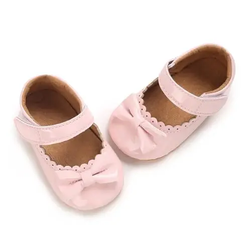 Clowora Infant Toddler Baby Girl Dress Shoes Mary Jane First Walking PU Leather Princess Wedding Rubber Sole Non-Slip with Bowknot Floral Flats - 6