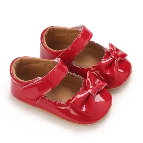 Clowora Infant Toddler Baby Girl Dress Shoes Mary Jane First Walking PU Leather Princess Wedding Rubber Sole Non-Slip with Bowknot Floral Flats - 6
