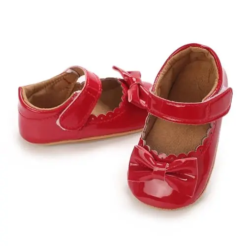 Clowora Infant Toddler Baby Girl Dress Shoes Mary Jane First Walking PU Leather Princess Wedding Rubber Sole Non-Slip with Bowknot Floral Flats - 3