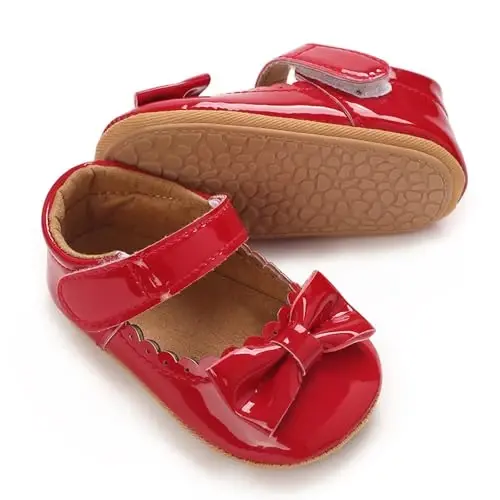 Clowora Infant Toddler Baby Girl Dress Shoes Mary Jane First Walking PU Leather Princess Wedding Rubber Sole Non-Slip with Bowknot Floral Flats - 1