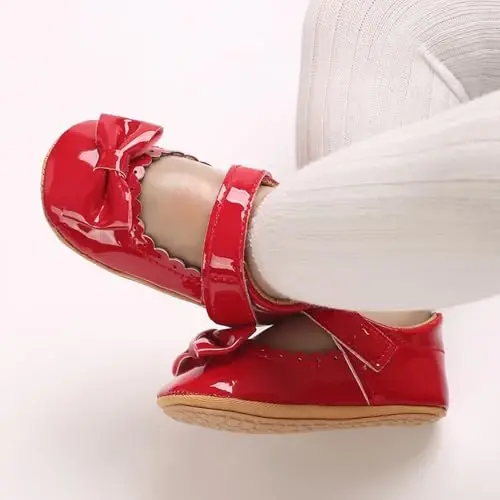 Clowora Infant Toddler Baby Girl Dress Shoes Mary Jane First Walking PU Leather Princess Wedding Rubber Sole Non-Slip with Bowknot Floral Flats - 2