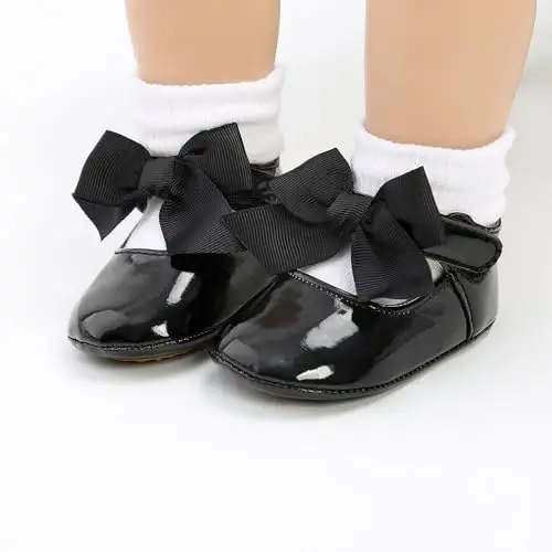 Clowora Infant Toddler Baby Girl Dress Shoes Mary Jane First Walking PU Leather Princess Wedding Rubber Sole Non-Slip with Bowknot Floral Flats - 6