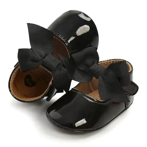 Clowora Infant Toddler Baby Girl Dress Shoes Mary Jane First Walking PU Leather Princess Wedding Rubber Sole Non-Slip with Bowknot Floral Flats - CLOWORA (1)