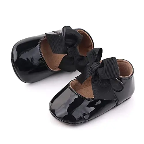 Clowora Infant Toddler Baby Girl Dress Shoes Mary Jane First Walking PU Leather Princess Wedding Rubber Sole Non-Slip with Bowknot Floral Flats - 4